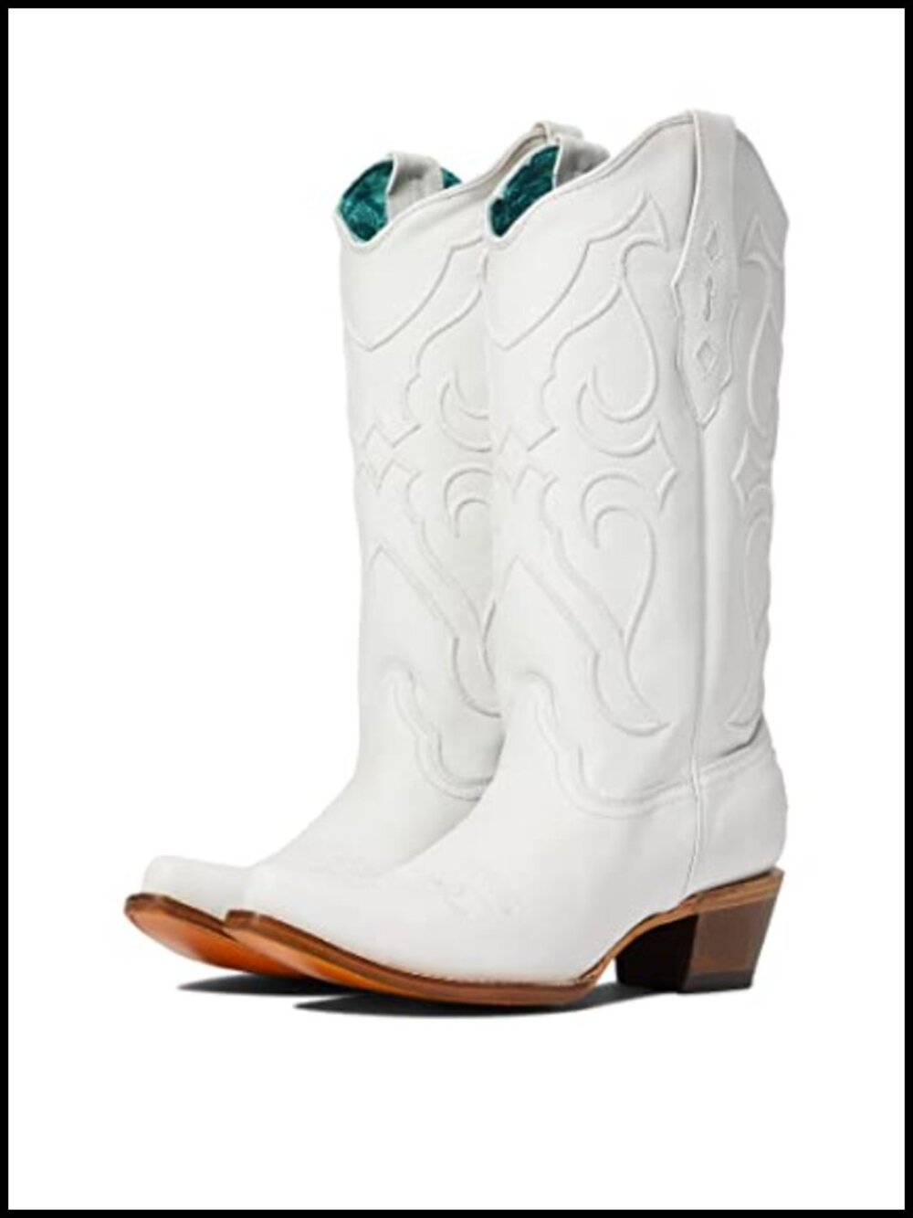 White Leather Western Boots with Embroidery, Snip Toe, Pull On, Mid-Calf, 2